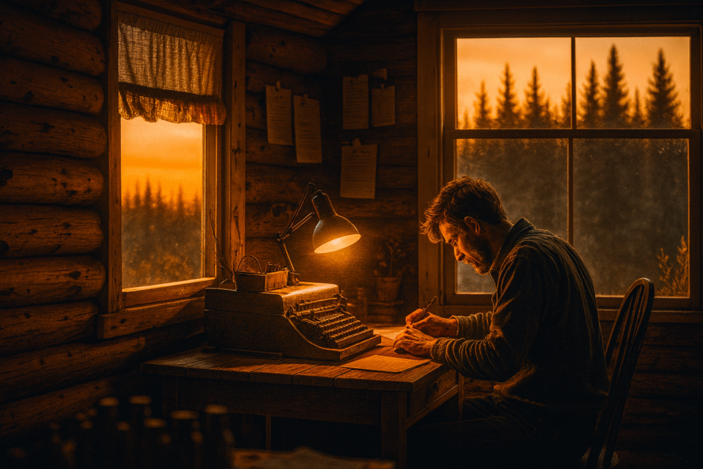 A writer working at a vintage desk with a typewriter in a cozy wooden cabin setting 