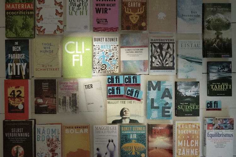 A collage of climate fiction book covers illustrating the diversity of the cli-fi literary genre