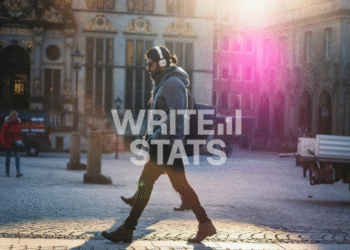 A person walking through a historic city wearing headphones and carrying a backpack, perfectly capturing the multitasking lifestyle that drives the audiobook market.