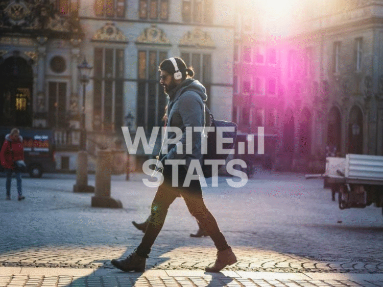 A person walking through a historic city wearing headphones and carrying a backpack, perfectly capturing the multitasking lifestyle that drives the audiobook market.