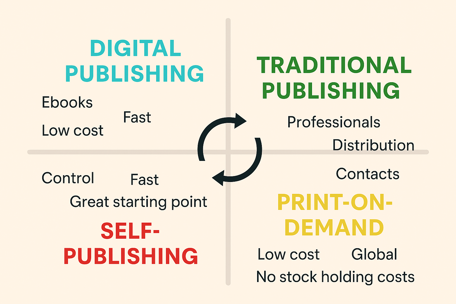 Diagram comparing four publishing models: traditional publishing, self-publishing, digital publishing, and print-on-demand, showing the characteristics and benefits of each approach