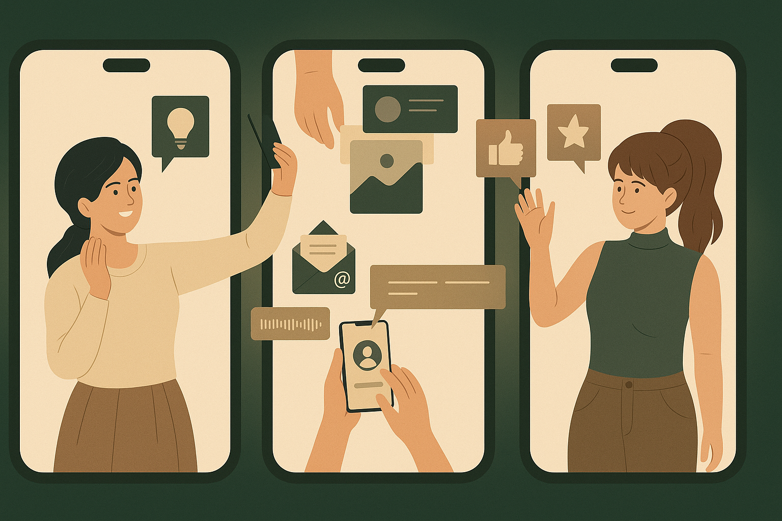 Three smartphone screens showing people engaging with social media elements, positive responses on audiobook market. 