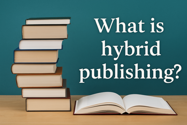 Stack of books with an open book and the question "What is hybrid publishing?" representing the concept of modern and traditional publishing merging