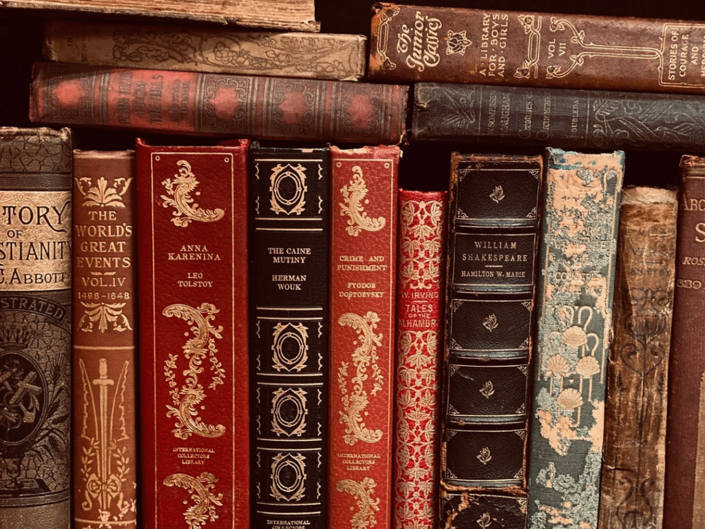 Stack of vintage historical fiction books with ornate gold detailing and classic titles including Anna Karenina and Crime and Punishment, representing the enduring appeal of historical literature