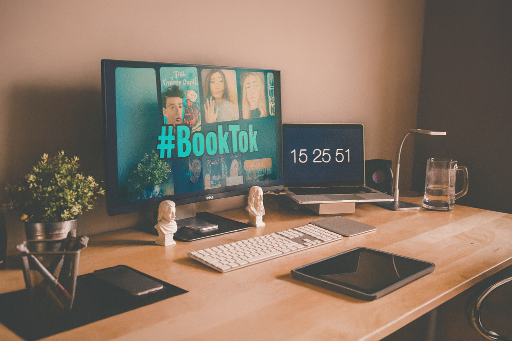 Professional author writing workspace setup with laptop computer and organized desk for content creation and book marketing
