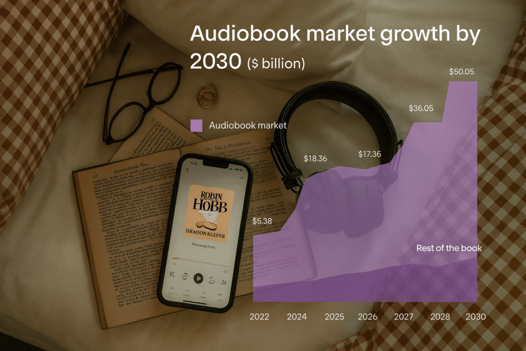 Audiobook market growth projection showing increase from $5.38 billion in 2022 to $35.05 billion by 2030, compared to stable traditional book market