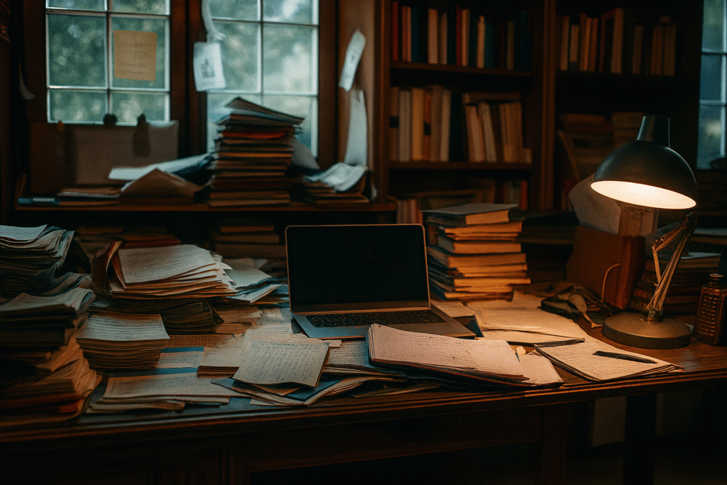 Author's wooden writing desk with books, manuscripts, and publishing materials in home office setting
