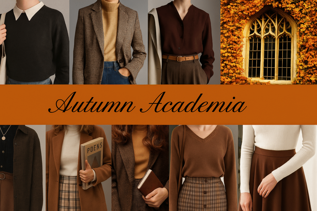 Autumn academia fashion collage featuring tweed jackets, brown tones, plaid skirts, and cozy knitwear with autumn leaves framing a window