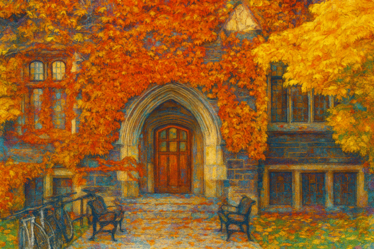 Autumn ivy climbs the facade of a gothic stone college building during golden hour capturing the visual essence of dark academia.