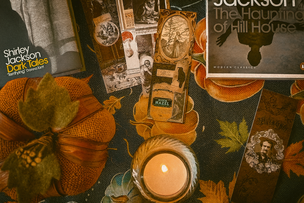 Classic horror books by Shirley Jackson surrounded by autumn decorations, candles, and seasonal elements capturing fall reading habits