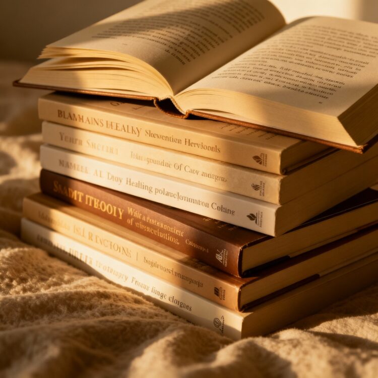 The image shows a carefully arranged stack of personal development books bathed in warm, golden light, perfectly capturing the essence of bibliotherapy as healing and transformative