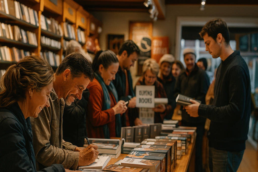 signing books at bookstore event with multiple copies of published work displayed