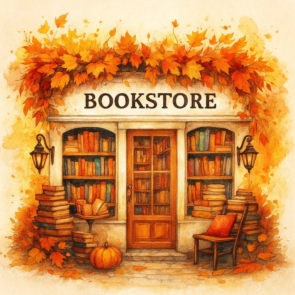 Artistic illustration of bookstore exterior decorated with autumn leaves, pumpkins, and seasonal book displays outside entrance with fall foliage