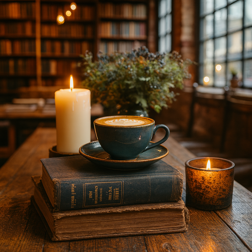 Dark academia aesthetic featuring stack of classic books with coffee cup and candles showing classic literature revival