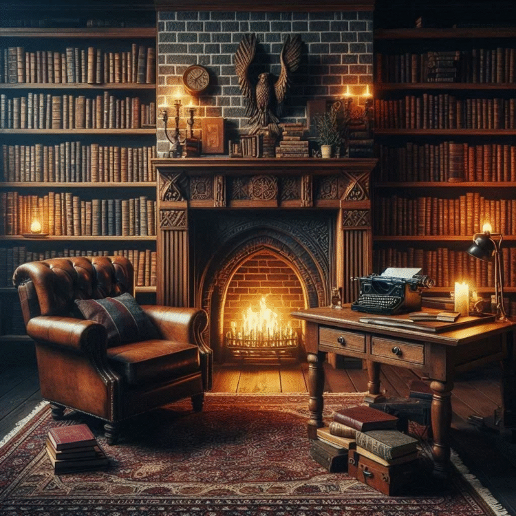 Atmospheric study featuring vintage typewriter, leather armchair, fireplace, and candlelit bookshelves perfect for how to create atmosphere in writing