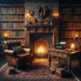 Atmospheric study featuring vintage typewriter, leather armchair, fireplace, and candlelit bookshelves perfect for how to create atmosphere in writing