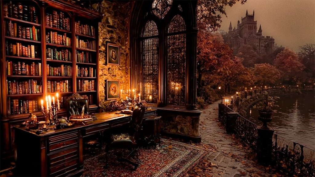 Fall reading habits showed in gothic library interior with wooden bookshelves, lit candles, and arched windows overlooking autumn landscape