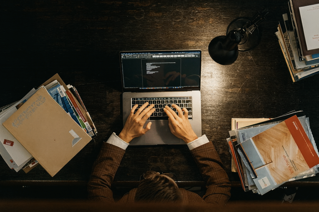 Author working on laptop at wooden desk surrounded by books and research materials