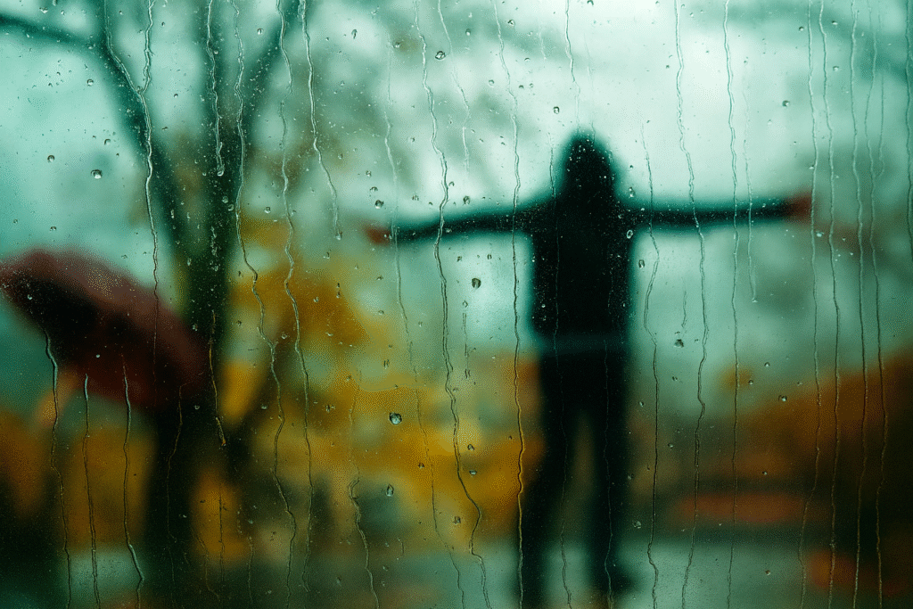 Silhouette of person with outstretched arms viewed through rain-streaked window, demonstrating how to create emotional atmosphere and introspective mood in storytelling
