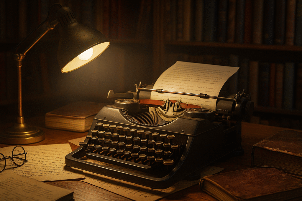Vintage black typewriter surrounded by handwritten manuscripts, eyeglasses, and leather-bound books under warm brass desk lamp lighting