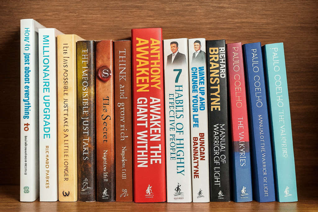 a perfectly organized bookshelf with visible titles like "Think and Grow Rich," "The 7 Habits of Highly Effective People," and "Awaken the Giant Within" highlighting effective personal development reading habits