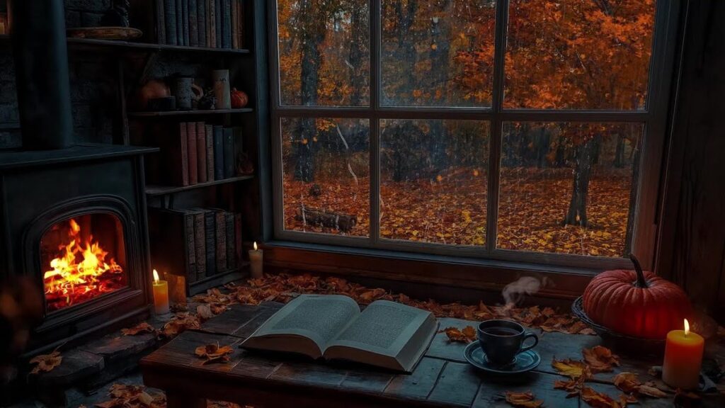 Cozy fireplace reading nook with bookshelves, armchairs, candles, steaming drinks, and autumn foliage visible through windows