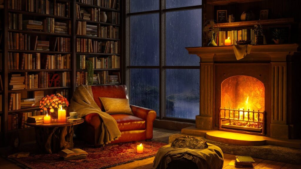Cozy reading nook with armchair by fireplace during rainy evening, books on shelves, and warm candlelight creating perfect atmospheric reading environment