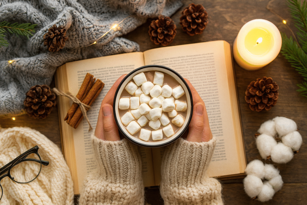 Cozy winter reading setup with hands holding hot chocolate mug, open book, knitted blankets, pine cones, and candle creating warm reading atmosphere