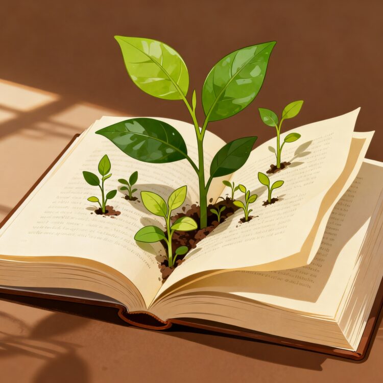 Open book with vibrant green leaves and small plants sprouting from its pages, symbolizing the growth of sustainable book publishing practices