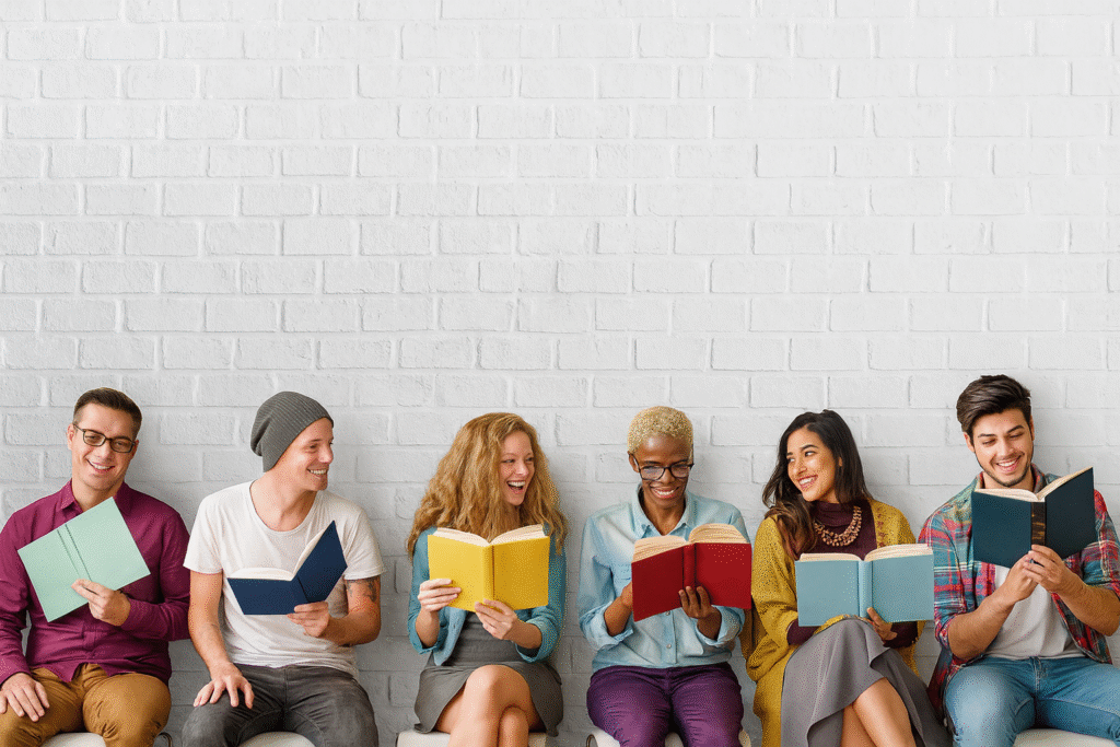 Six diverse individuals each reading different books, representing the community aspect of reading. 