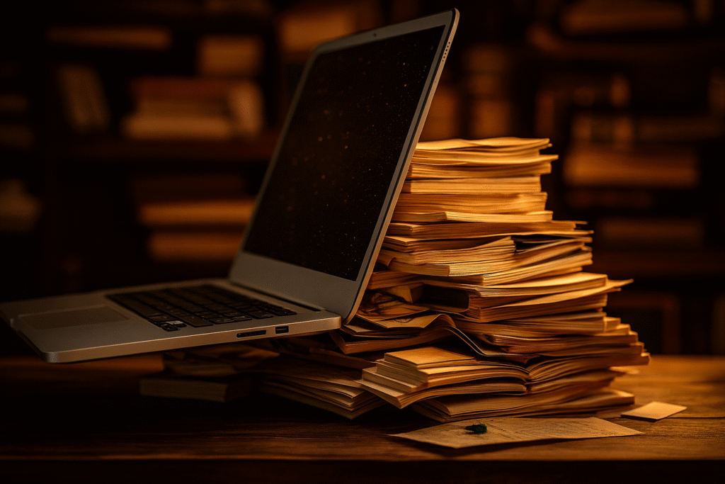 Laptop and stacked manuscripts representing an author's workspace for hybrid publishing