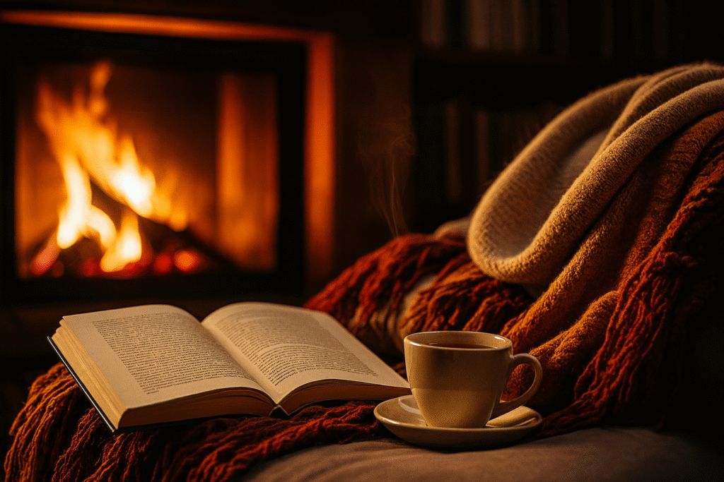 fall reading habits by fireplace with hot beverage nearby 