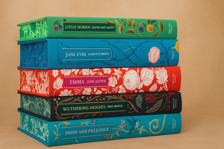 Stack of classic literature books including Pride and Prejudice, Jane Eyre, Emma, and Wuthering Heights with ornate vintage covers