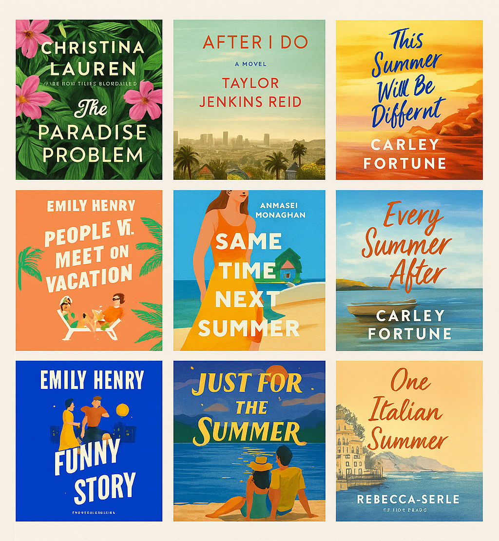 Collage of nine popular summer beach read book covers including titles by Emily Henry, Christina Lauren, and other contemporary romance authors