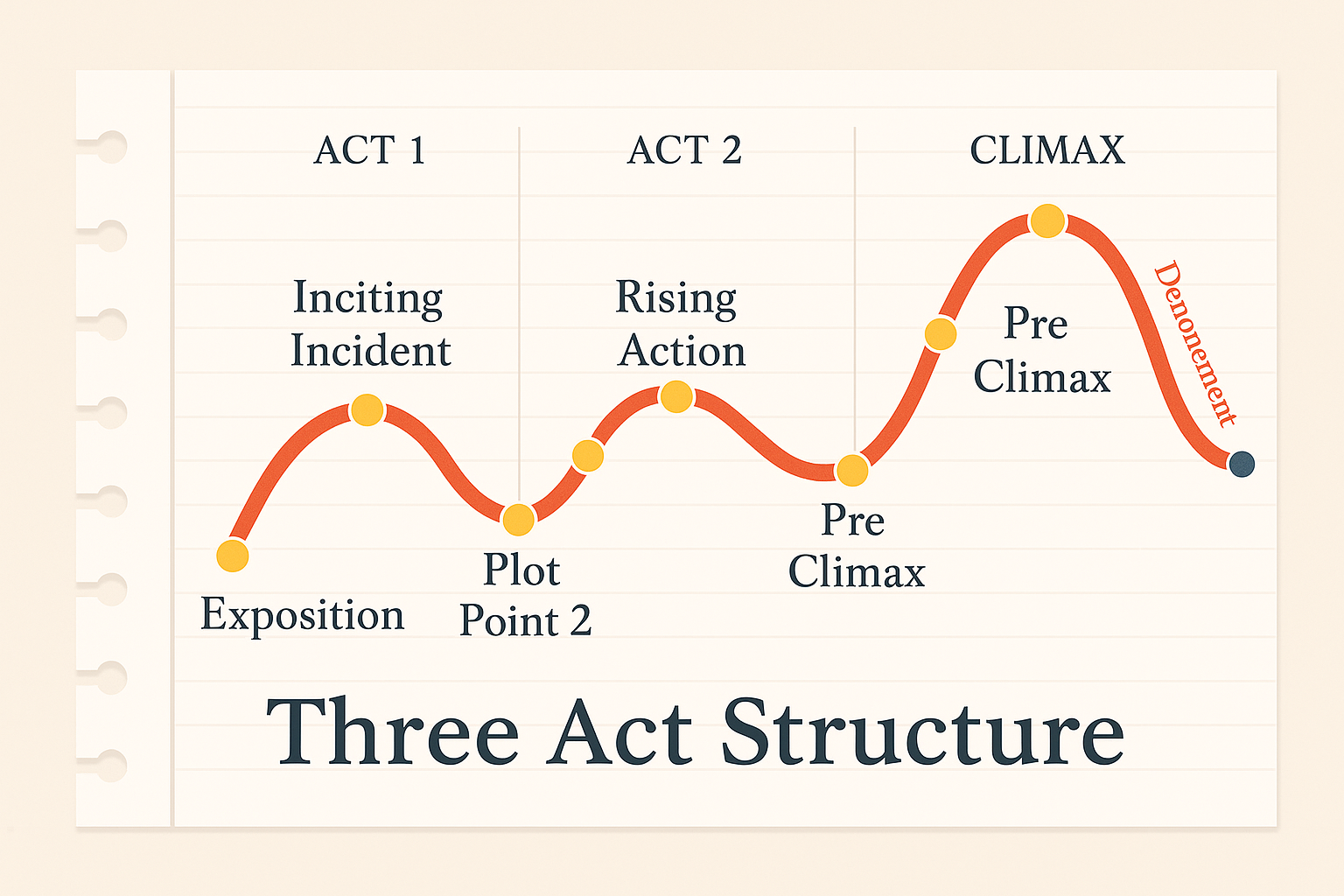 Hand-drawn three-act structure diagram on lined notebook paper showing story progression