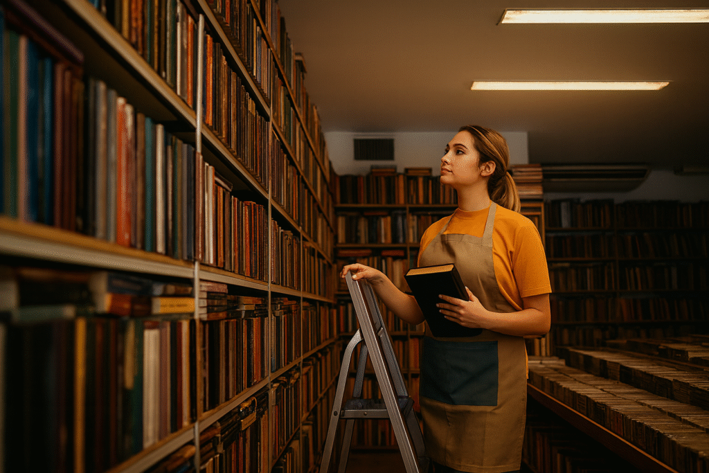 woman holding book in modern bookstore with shelves of published books