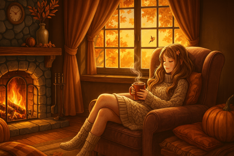 Woman in cozy sweater reading by fireplace with autumn foliage visible through windows