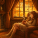 Woman in cozy sweater reading by fireplace with autumn foliage visible through windows