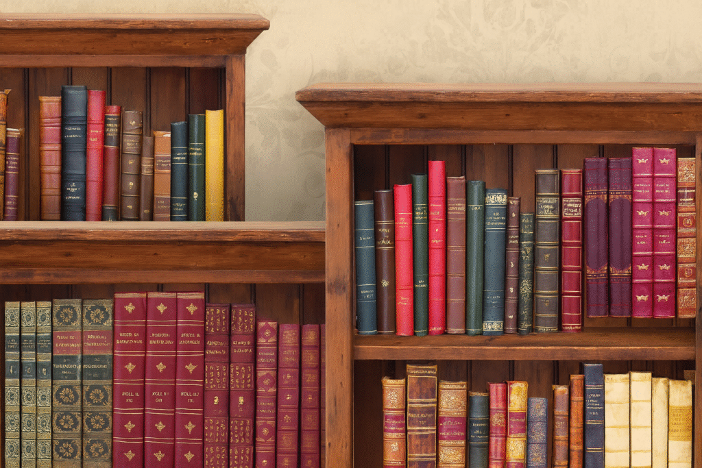 Wooden bookshelf filled with diverse collection of book spines representing multiple genres and reading preferences