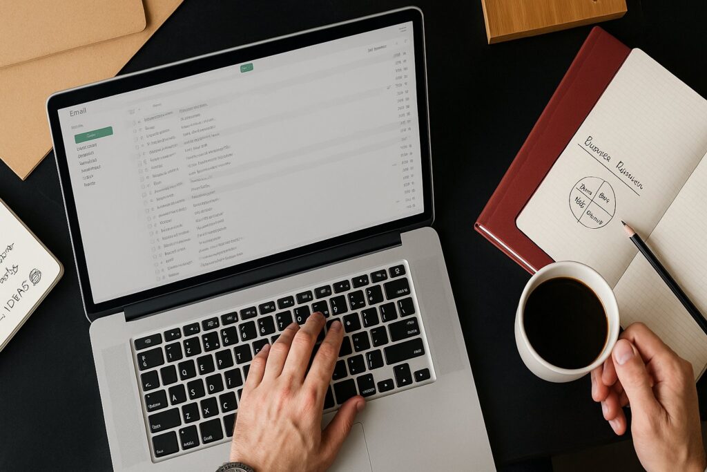 Person typing on laptop with email inbox visible, surrounded by coffee, notebooks, and business planning materials on desk