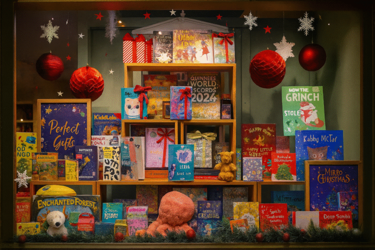 Festive bookstore window display featuring holiday-themed books arranged in pyramid formation with red gift bows, ornaments, and seasonal decorations, illustrating successful seasonal book marketing