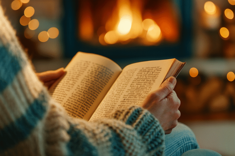 Close-up of reader in knitted sweater holding book by fireplace showing intimate comfort reading experience