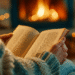 Close-up of reader in knitted sweater holding book by fireplace showing intimate comfort reading experience