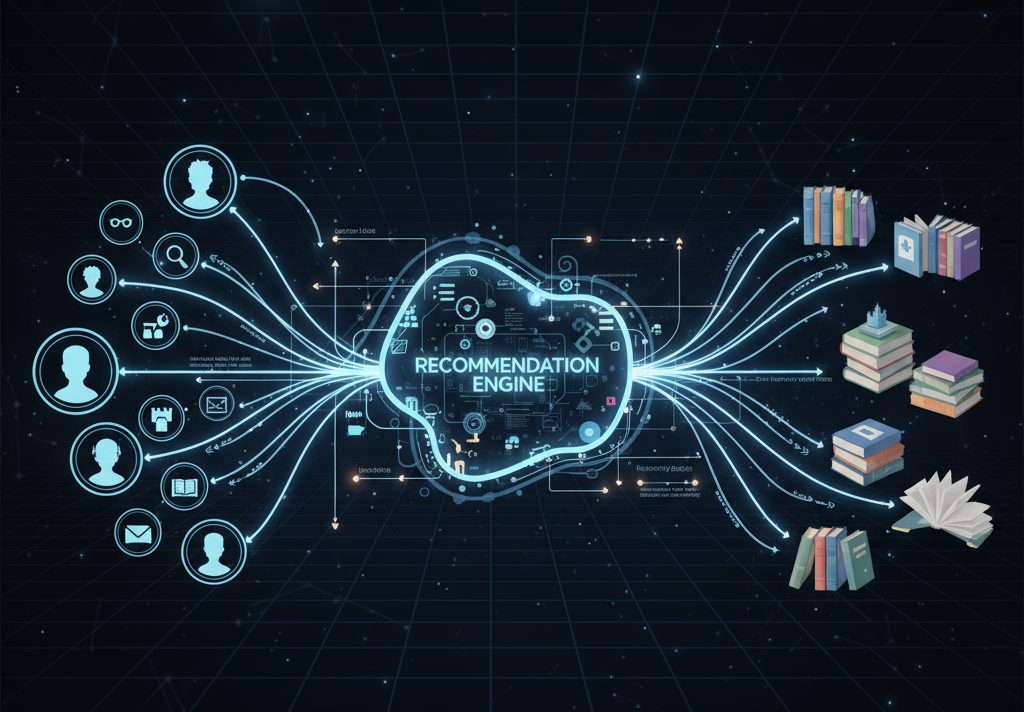Book recommendation algorithm flow chart showing how reader data connects through machine learning to generate personalized book suggestions