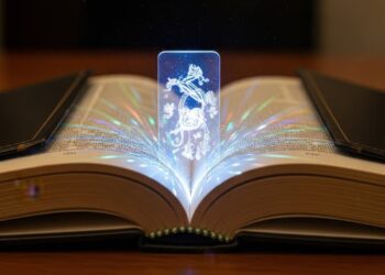 Glowing holographic figure of a knight emerging from an open book, illustrating how fictional characters and worlds come alive in readers' minds