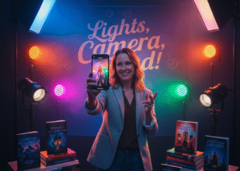 Author filming book trailer on smartphone with professional lighting setup