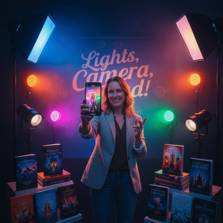 Author filming book trailer on smartphone with professional lighting setup