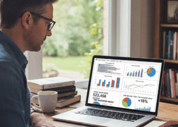 Author reviewing a comprehensive analytics dashboard displaying book sales metrics, website traffic, and marketing campaign performance data on a laptop screen
