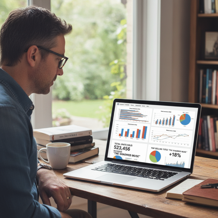 Author reviewing a comprehensive analytics dashboard displaying book sales metrics, website traffic, and marketing campaign performance data on a laptop screen