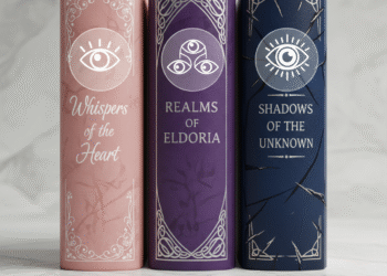 Featured image for blog post about genre and point of view showing three colorful book spines representing romance, fantasy, and thriller genres with transparent POV indicator icons (single eye for first person, multiple eyes for third person, all-seeing symbol for omniscient) overlaid on each.